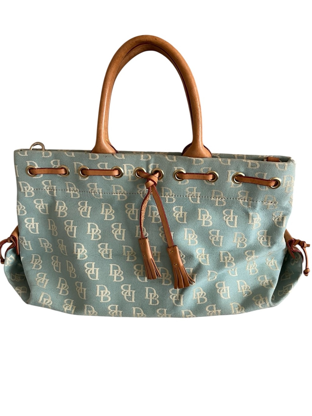 Dooney & Bourke Light Blue Logo Tote with Tan Leather Trim, Approx 13.5”x8”x6”